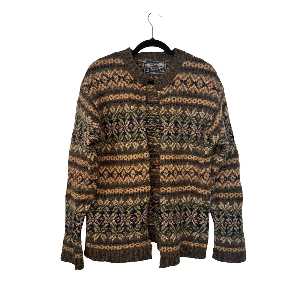 Vintage Abercrombie and Fitch Wool Fair Isle Cardigan Sweater Brown Mens Medium